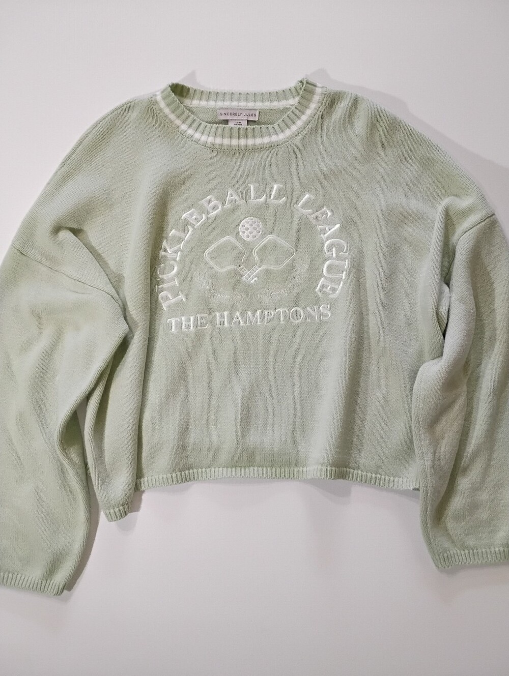 Sincerely Jules Cropped Sweater Women Medium Sage Green White Pickleball Graphic
